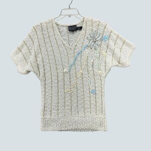 Vintage Rochelle California Handcrafted Sweater Ribbon Flowers & Pearls Size S